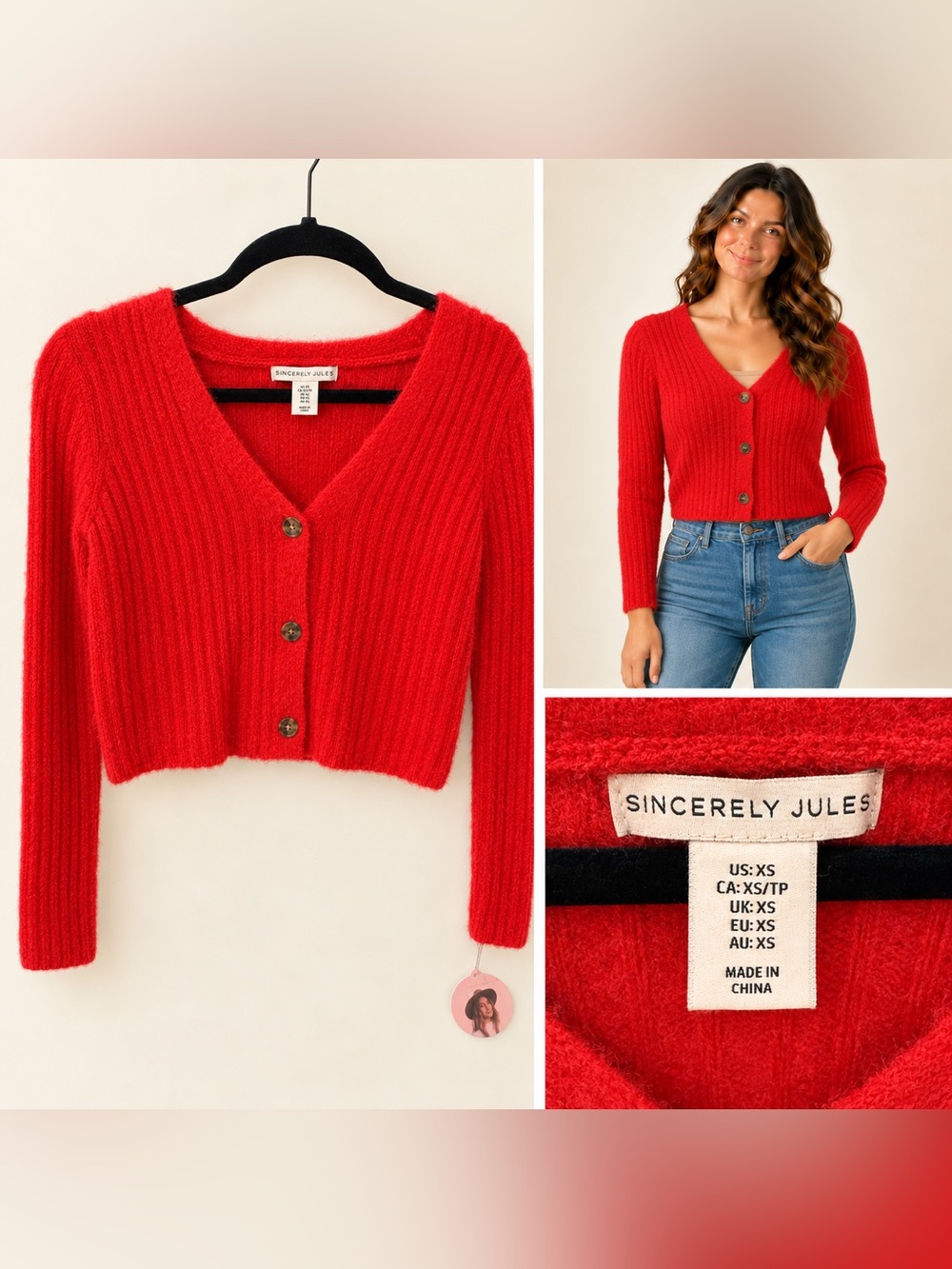 Sincerly Jules Bright Red Ribbed V-Neck Button Crop Sweater